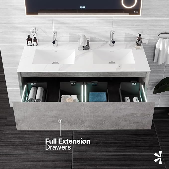 Eviva Aurora 48 in. Concrete Gray Wall Mount Double Sink Bath Vanity with Carrara Quartz Top
