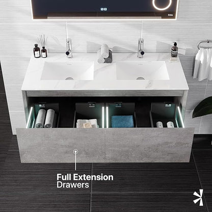 Eviva Aurora 48 in. Concrete Gray Wall Mount Double Sink Bath Vanity with Carrara Quartz Top