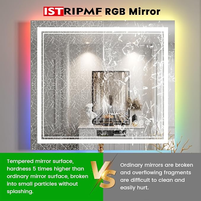 44x30 Inch RGB LED Bathroom Mirror with Lights | Front and RGB Backlit, Dimmable, Memory, Anti Fog, Shatterproof, Horizontal/Vertical, Lighted Mirrors for Bathroom Wall