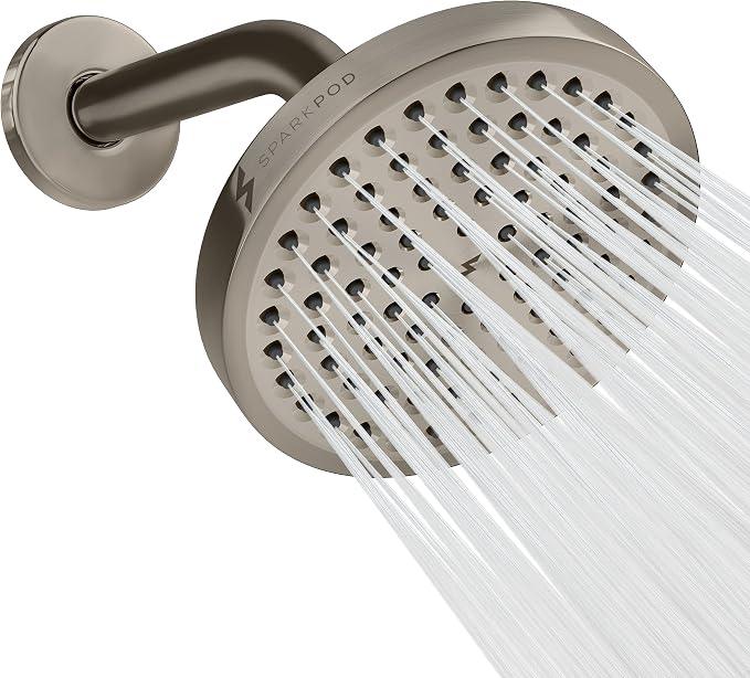 SparkPod 6" Rain Shower Head High Pressure w/ 6" Shower Arm, Brushed Nickel | High Pressure Shower Heads, 90 Nozzles, Adjustable Showerhead, No Tools Needed, Universal Connection, Gain Space & Style