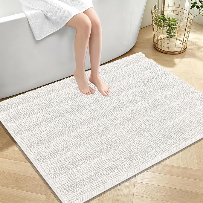 OLANLY Thick Large Bathroom Rugs 40x32, Soft Chenille Bath Rugs, Ivory | Absorbent Striped, Rubber Backing, Machine Wash Dry, Bath Mats for Bathroom Floor, Tub and Shower, Home Decor Accessories