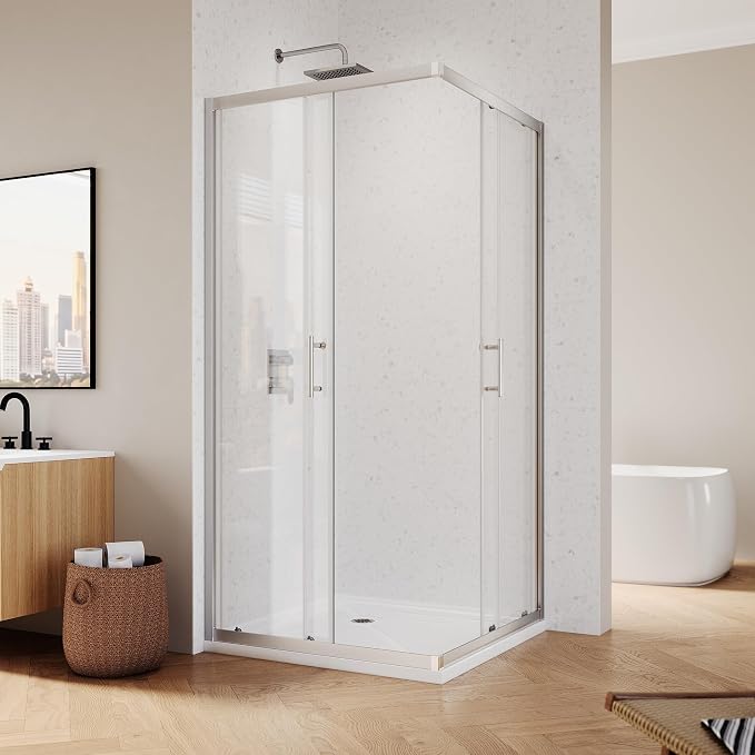 ELEGANT 34" D x 34" W x 72" H Corner Double Sliding Shower Door, Brushed Nickel Frame, 1/4" ANSI Tempered Glass, Space-Saving for Small Bathroom
