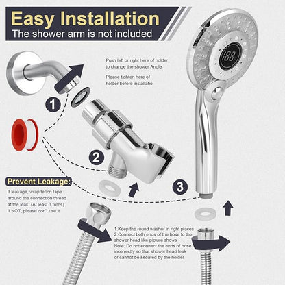 LED Shower head with Temperature Display with 59" Stainless Steel Hose | Temperature Display Sensor Light up with 3 Color, Water Saving Showerhead with Shower Adapter