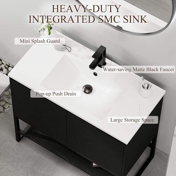 LUCKWIND 36" Modern Bathroom Vanity with Single White Sink Combo, Freestanding Storage Cabinet with Metal Frame, Matte Black Faucet and Open Shelf and 2 Soft-Closing Door, Black