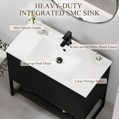 LUCKWIND 36" Modern Bathroom Vanity with Single White Sink Combo, Freestanding Storage Cabinet with Metal Frame, Matte Black Faucet and Open Shelf and 2 Soft-Closing Door, Black