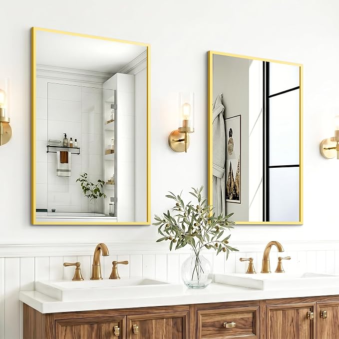 Bathroom Mirror for Wall, 2 Pack 20"x30" Gold Vanity Mirror | Sturdy Rectangular Metal Frame, HD Tempered Glass, Hangs Horizontally or Vertically in Bedroom, Living Room, Entryway