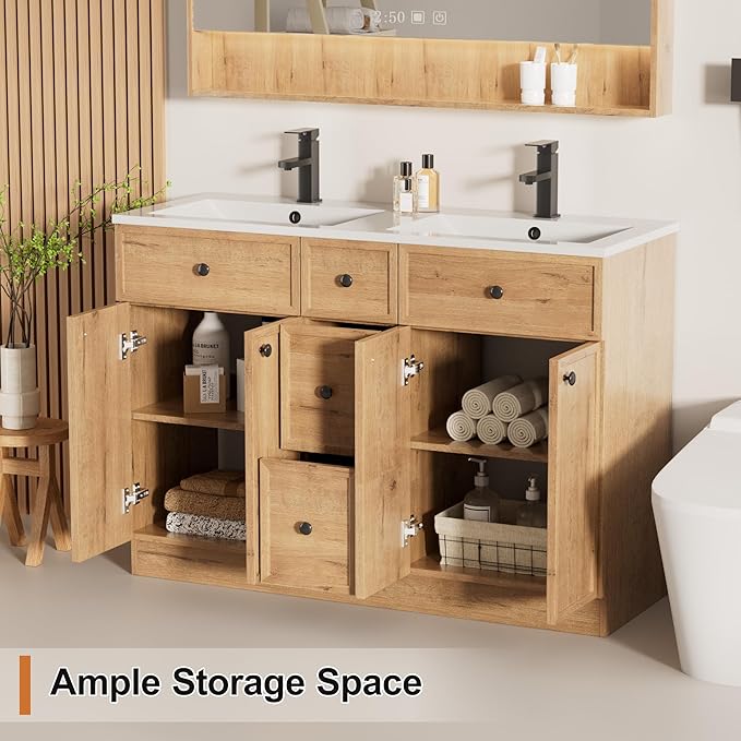 LUCKWIND 48" Farmhouse Bathroom Vanity with Sink Combo, Rustic Modern Bathroom Cabinet with Undermount Solid Surface Double Sink, Soft-Close Hinges & Water-Saving Faucet, Natural