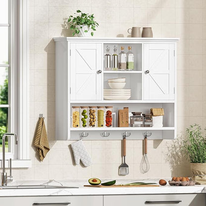 Bathroom Wall Cabinet with Doors and Hooks, 3-Tier Wall Mounted Cabinet | Farmhouse Medicine Cabinet with 3 Open Shelves, Over the Toilet Storage Cabinet for Kitchen, Laundry Room, Living Room, White