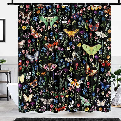 Boho Butterfly Floral Shower Curtain, Bright Abstract Bohemian Plant Flower Botanical Moth Shower Curtains, Black Modern Aesthetic Chic Fabric Shower Curtain Bathroom Accessories 12 Pack Hooks, 72X72