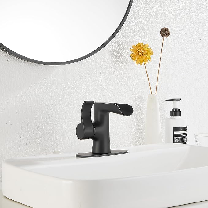 Single Handle Bathroom Faucet Matte Black Waterfall GGStudy Bathroom Vanity Faucet Black Basin Matching Pop Up Drain with Overflow
