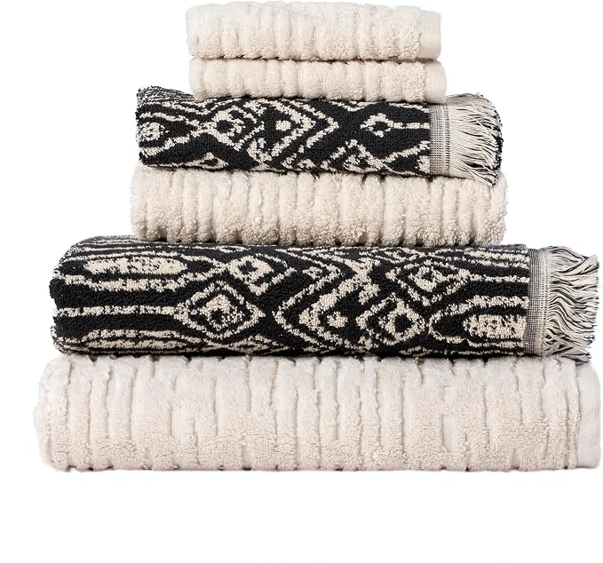 SKL Home CloudSoft/Nador Bath Towel Set-6pc, 100% Cotton, Oatmeal/Black | 2 Bath towels, 2 hand towels, 2 washcloths. 600 GSM. Soft & absorbent, reversible jacquard. Premium spa-level quality.