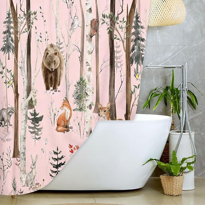 JAWO Rustic Forest Shower Curtains, Lodge Cabin Woodsy RV Shower Curtain, Wildlife Animals Woodland Campers Camping Bathroom Set with Hooks, 72X75 Inch, Pink