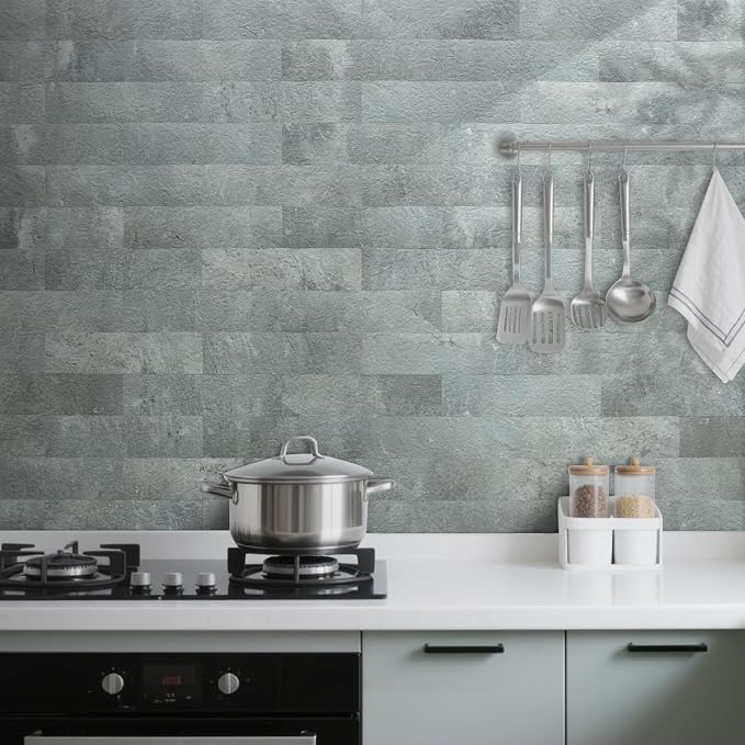 AULIGET 4-Piece Mountain Rock Peel and Stick Backsplash Wall Tiles, 3" x 12" PVC Faux Stone Stick on Tiles for Backsplash Kitchen, Bathroom, Laundry Room, Camper, Fireplace