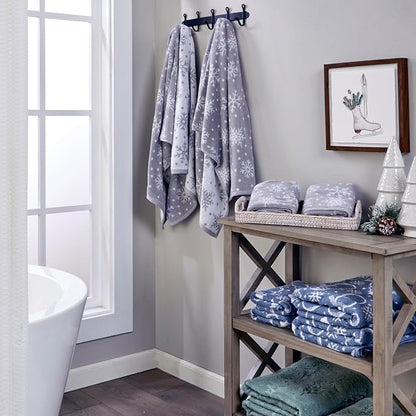 SKL Home Winter/Christmas Scattered Snowflakes Hand Towel Set-2pc, Gray | 100% Cotton. 500 GSM. Soft & absorbent. Reversible jacquard pattern. Great for use in the bathroom, kitchen or bar & gifting.