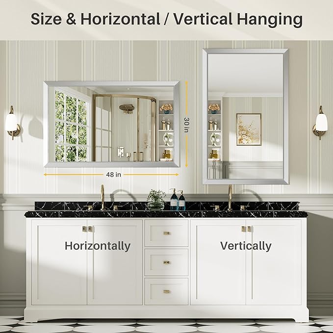 48x30 Inch Brushed Silver Bathroom Mirror for Wall, Thick Metal Framed Rectangle Mirrors for Over Sink, Bedroom, Living Room, Entryway, Anti-Rust, HD Tempered Glass