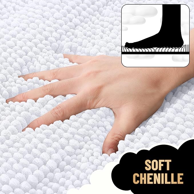 OLANLY Thick Bathroom Rugs 34x21, Soft Chenille Striped Bath Rugs, White | Rubber Backing, Machine Wash, Extra Absorbent Bath Mats for Bathroom Floor, Tub and Shower, Home Decor Accessories