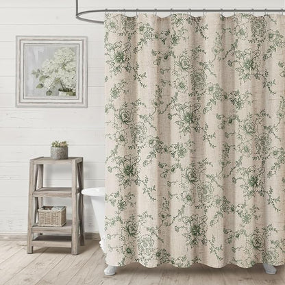 Farmhouse Floral Linen Shower Curtain, Vintage Green Spring Pattern Rustic Shower Curtains for Bathroom, Tan Taupe,72x72