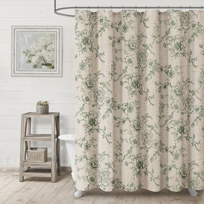 Farmhouse Floral Linen Shower Curtain, Vintage Green Pattern Rustic Shower Curtains for Bathroom, 72x78