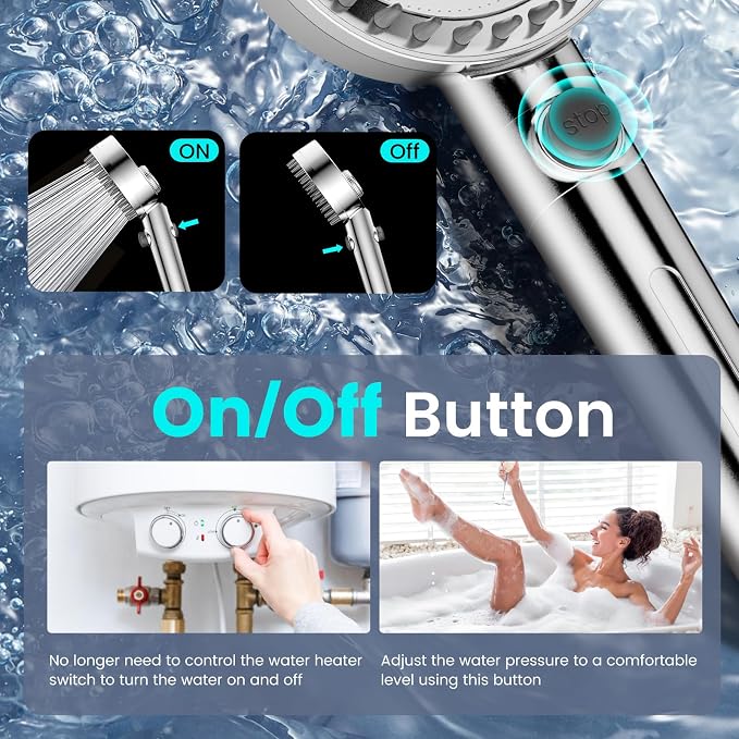 Filtered Shower Head with Handheld, High Pressure Showerhead with Filters | 4 Spray, ON/OFF Switch for Pets, Detachable Shower Heads with Water Softener Filter Beads for Hard Water- Remove Chlorine
