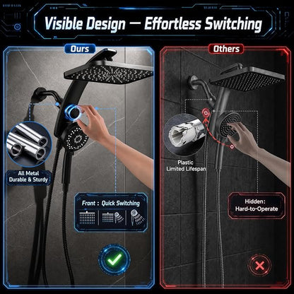 Veken 12" Rain Shower Head with Handheld,High Pressure Power Wash,Magnetic | Dual Shower Heads Combo,8-Mode Hand Held Spray with Hose,Double Detachable Rainfall Showerhead,Best Matte Black Shower System