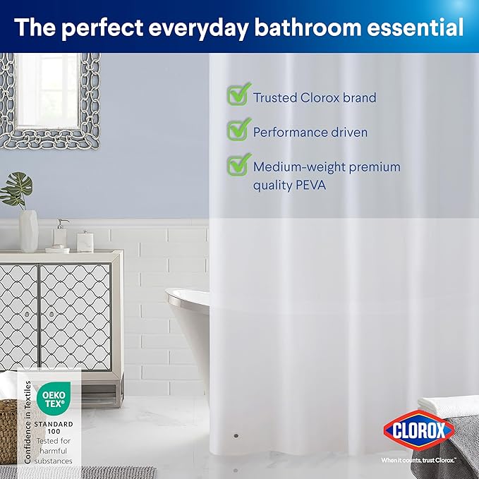 Clorox Shower Curtain Liner, Premium Medium-Weight Durable Waterproof 6g PEVA for Bathroom with Weighted Magnets, Extra Long 72" x 96", Frosty 1 Pack