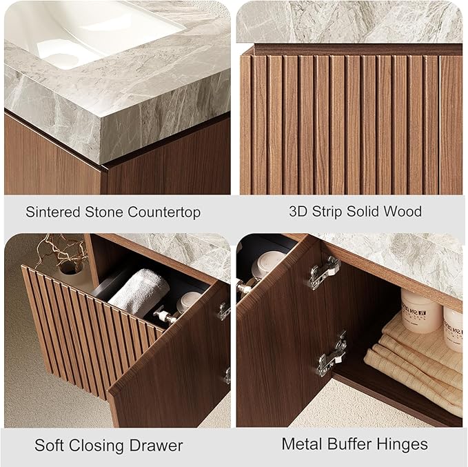 48 inch Floating Bathroom Vanity with Sink, Modern Plywood Bathroom Vanities with Drawer and Doors, Light Gray Sintered Stone and 3 Pre-drilled Faucet Holes Ceramic Basin, Pre-Assembled, Dark Oak