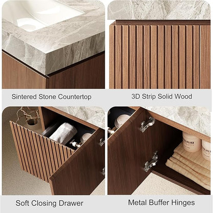 48 inch Floating Bathroom Vanity with Sink, Modern Plywood Bathroom Vanities with Drawer and Doors, Light Gray Sintered Stone and 3 Pre-drilled Faucet Holes Ceramic Basin, Pre-Assembled, Dark Oak