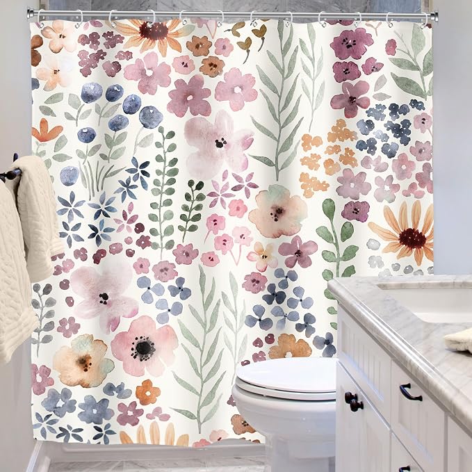 Extra Long Cute Boho Wildflower Watercolor Kids Bathroom Shower Curtain Set | 72"W x 84"H Leaves Girls; waterproof HD print, quick-dry fabric with 12 hooks for easy hanging.