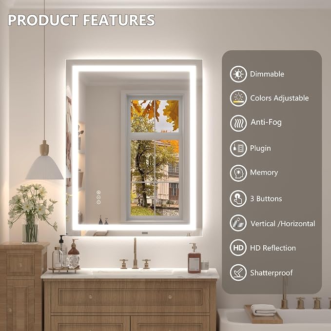 48x36 Inch LED Bathroom Mirror for Wall | Dimmable Vanity Mirror with Lights, Backlit and Front Lighted Mirror for Wall, Anti-Fog, Memory, Shatter-Proof, ETL Listed