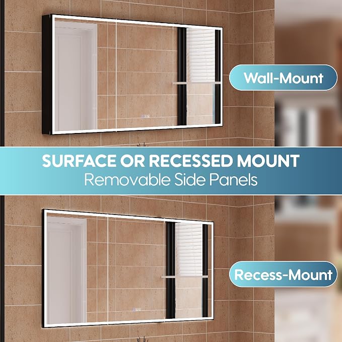 60" X 30" LED Mirrored Medicine Cabinet, Medicine Cabinets with Lights for Bathroom, Defogging Function Mirror Cabinet, Bathroom Medicine Cabinet with USB Port & Outlet, Three Opening Doors