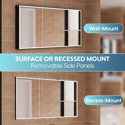 60" X 30" LED Mirrored Medicine Cabinet, Medicine Cabinets with Lights for Bathroom, Defogging Function Mirror Cabinet, Bathroom Medicine Cabinet with USB Port & Outlet, Three Opening Doors
