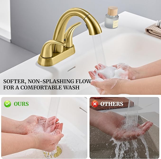 Ultimate Unicorn Brushed Gold Bathroom Sink Faucet - 4 Inch Centerset Pull Down Vanity Faucets 3 Hole with Pop Up Drain - Two Handle Modern Washbasin Tap Set with Pull Out Sprayer for Rv Restroom
