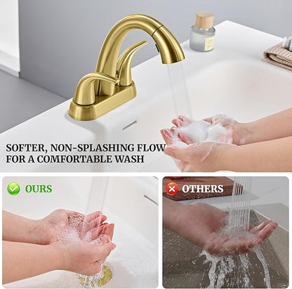 Ultimate Unicorn Brushed Gold Bathroom Sink Faucet - 4 Inch Centerset Pull Down Vanity Faucets 3 Hole with Pop Up Drain - Two Handle Modern Washbasin Tap Set with Pull Out Sprayer for Rv Restroom