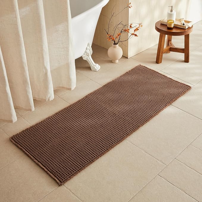 TYUU Waffle Runner Rug Bathroom, Long Boho Bath Mat, 60x24 Mocha | Super Absorbent Quick Dry Bath Rug, Non-Slip Backing, Soft Waffle Washable Farmhouse Bathroom Mats, Tub, Shower & Home Decor