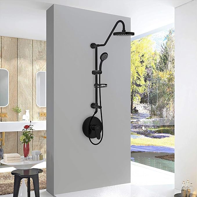 PULSE ShowerSpas Kauai III Matte Black Rain Shower Head with Handheld Spray - 1.8 GPM, 8" Showerhead, 5-Function HandShower, Adjustable Slide Bar - Shower Heads with Handheld Spray Combo