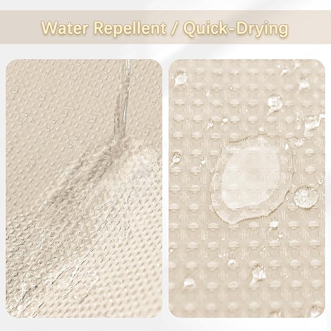 Beige Fabric Shower Curtain - Waffle Textured Heavy Duty Shower Curtains for Bathroom, 256GSM Hotel Spa Luxury Weighted Bath Curtain with 12 Hooks, 72x90, Beige