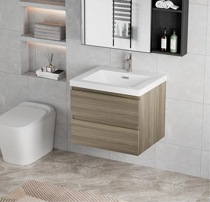 KEIKI 30'' Wall-Mounted Bathroom Vanity with Sink - Floating Design, 2 Soft-Close Drawers & Resin Basin, Space-Saving for Small Bathrooms, Ash Grey