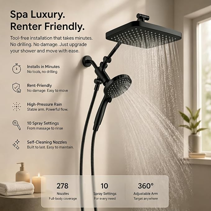 High Pressure Shower Head with Handheld, Upgrade Rain Shower Heads with Fixed Showerhead Combo, 10 Sprays Handheld Shower Head Built in Power Jets, 71" Long Hose, Matt Black