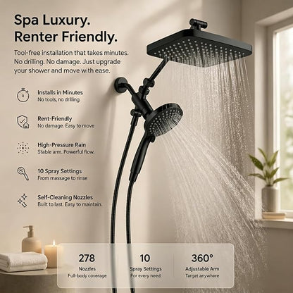 High Pressure Shower Head with Handheld, Upgrade Rain Shower Heads with Fixed Showerhead Combo, 10 Sprays Handheld Shower Head Built in Power Jets, 71" Long Hose, Matt Black