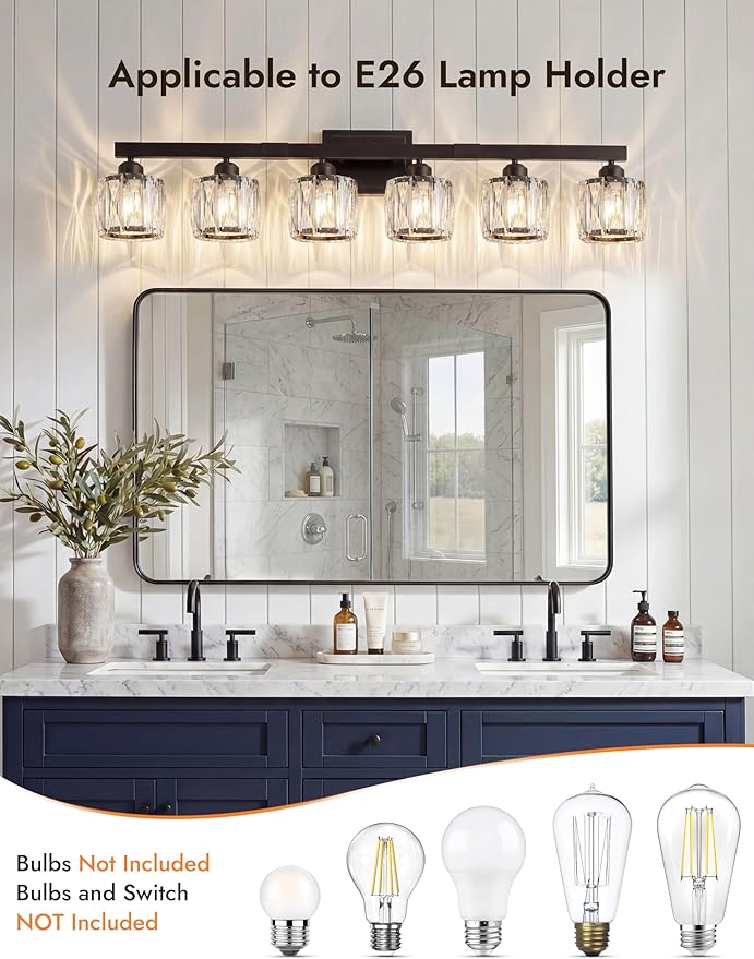 VOLISUN Crystal Vanity Lights for Bathroom, 6 Light Bathroom Vanity Light, Modern Matte Black Bathrooms Light Over Mirror, Black Bathrooms Lights Fixtures-UL Certificated(Exclude Bulb)