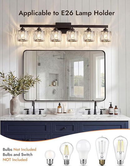 VOLISUN Crystal Vanity Lights for Bathroom, 6 Light Bathroom Vanity Light, Modern Matte Black Bathrooms Light Over Mirror, Black Bathrooms Lights Fixtures-UL Certificated(Exclude Bulb)