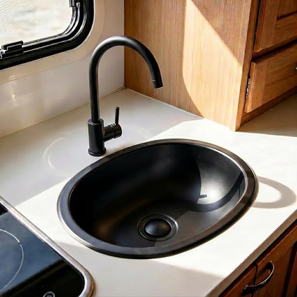 LQS Black Oval RV Sink, 16.73 x 11.81 Inch Stainless Steel RV Bathroom Sink | Drop-In RV Kitchen Sink for Campers, Compact Black Bathroom Sink with 5.12-Inch Bowl and Pop-Up Drain Assembly Included