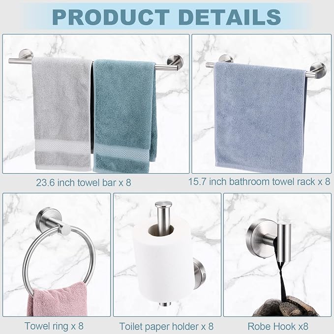 Gisafai 40 Pcs Brushed Nickel Bathroom Accessories Hardware Set Silver Towel Racks for Bathroom SUS304 Stainless Steel 23.6 Inch Brushed Towel Bar Ring Toilet Paper Holder Robe Hooks for Wall Mounted