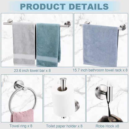 Gisafai 40 Pcs Brushed Nickel Bathroom Accessories Hardware Set Silver Towel Racks for Bathroom SUS304 Stainless Steel 23.6 Inch Brushed Towel Bar Ring Toilet Paper Holder Robe Hooks for Wall Mounted