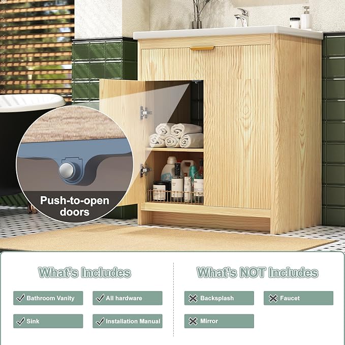 32 Inch Bathroom Vanity with Ceramic Sink, Small Bathroom Sink Cabinet with Fluted Doors and Flip Drawer, Single Sink Bath vanities Combo, Natural Oak (19" D x 32" W x 36" H)