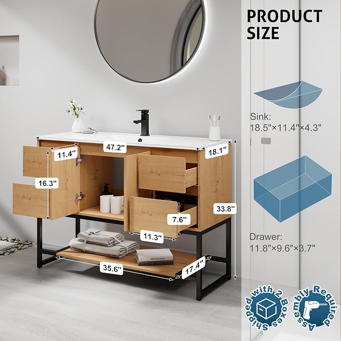 LUCKWIND 48" Modern Bathroom Vanity with Single White Sink Combo, Freestanding Storage Cabinet with Metal Frame, Matte Black Faucet and Open Shelf and 2 Soft-Closing Door, Natural