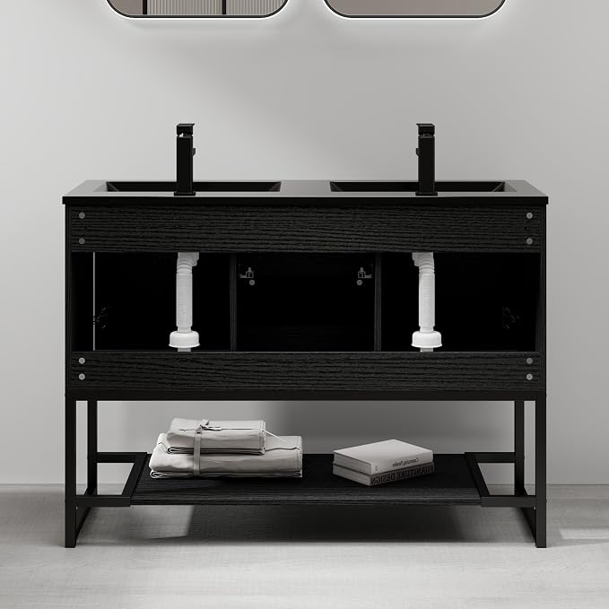 LUCKWIND 48" Modern Bathroom Vanity with Dual Black Sink Combo, Freestanding Storage Cabinet with Metal Frame, Water-Saving Faucet and Open Shelf and 2 Soft-Closing Door, Black