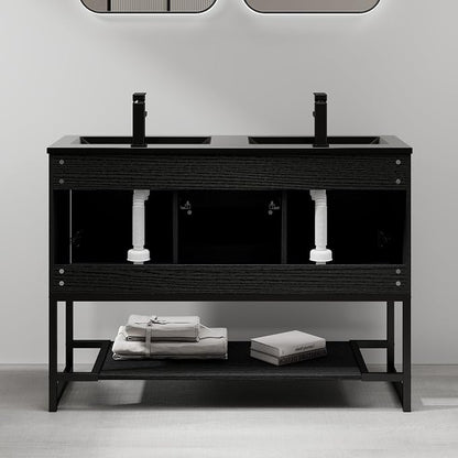 LUCKWIND 48" Modern Bathroom Vanity with Dual Black Sink Combo, Freestanding Storage Cabinet with Metal Frame, Water-Saving Faucet and Open Shelf and 2 Soft-Closing Door, Black