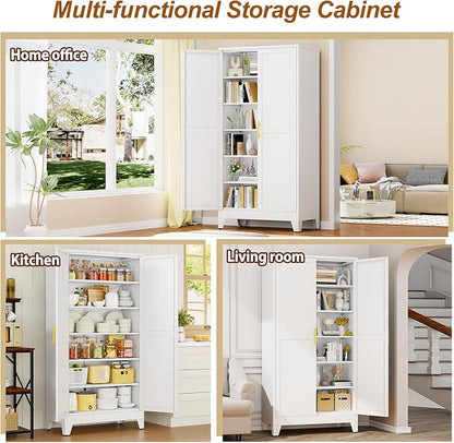 79" White Metal Storage Cabinet with 2 Doors and 5 Adjustable Shelves,Steel Garage Tool Cabinet, File Cabinet,Kitchen Pantry Cabinet for Home,Office,Garage,School,Warehouse