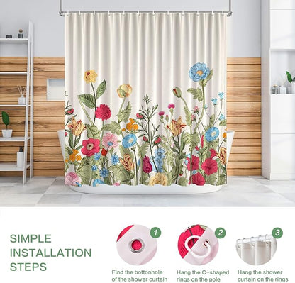 Vintage Floral Shower Curtain, Retro Wildflowers Shower Curtain 72x72 | Botanical Chic Flowers Shower Curtain for Bathroom with 12 Hooks, Waterproof Farmhouse Home Rustic Bathroom Decor
